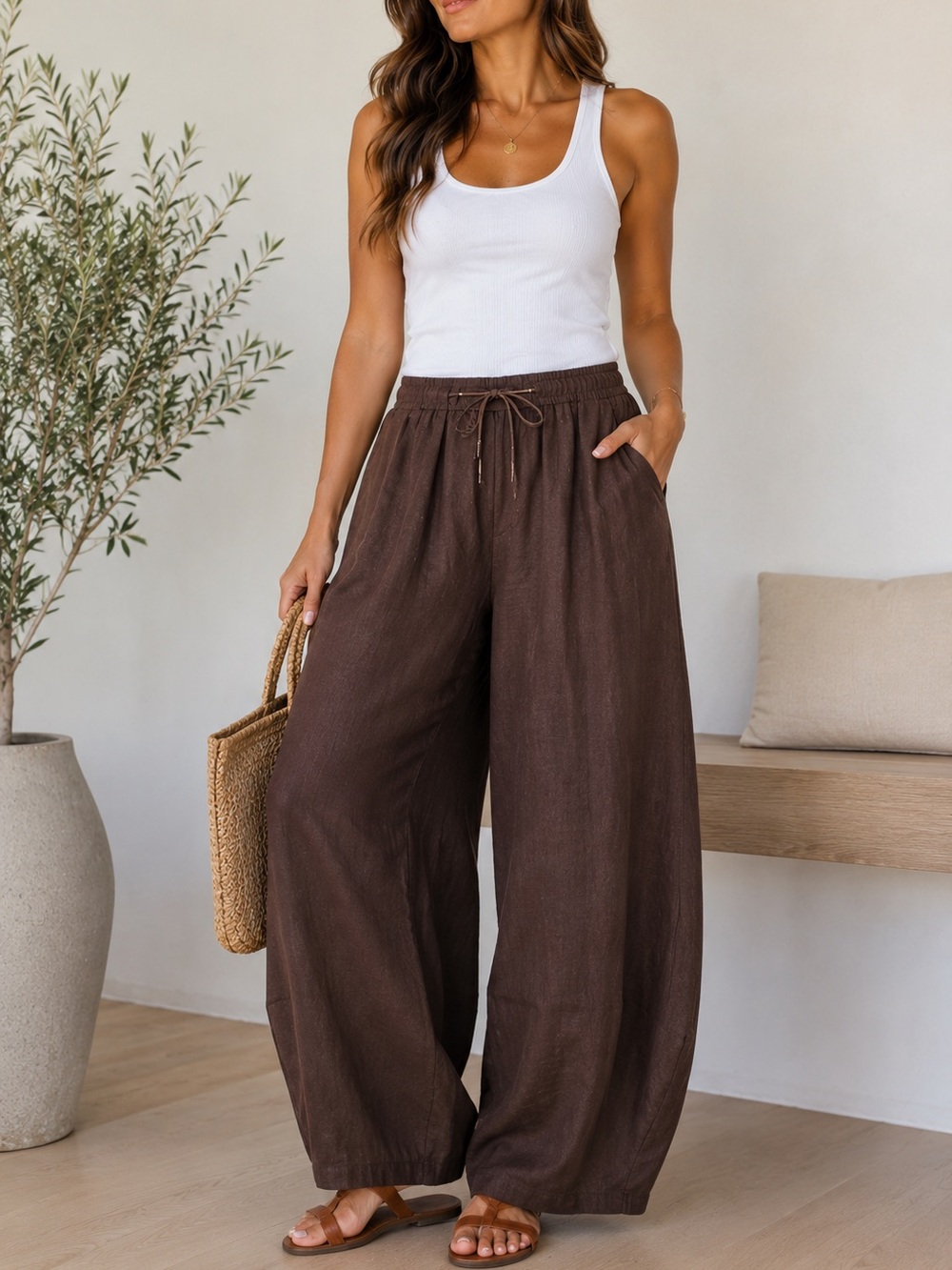 House of Harlow 1960 Brown Wide Leg Linen Blend Pants Size M NWT